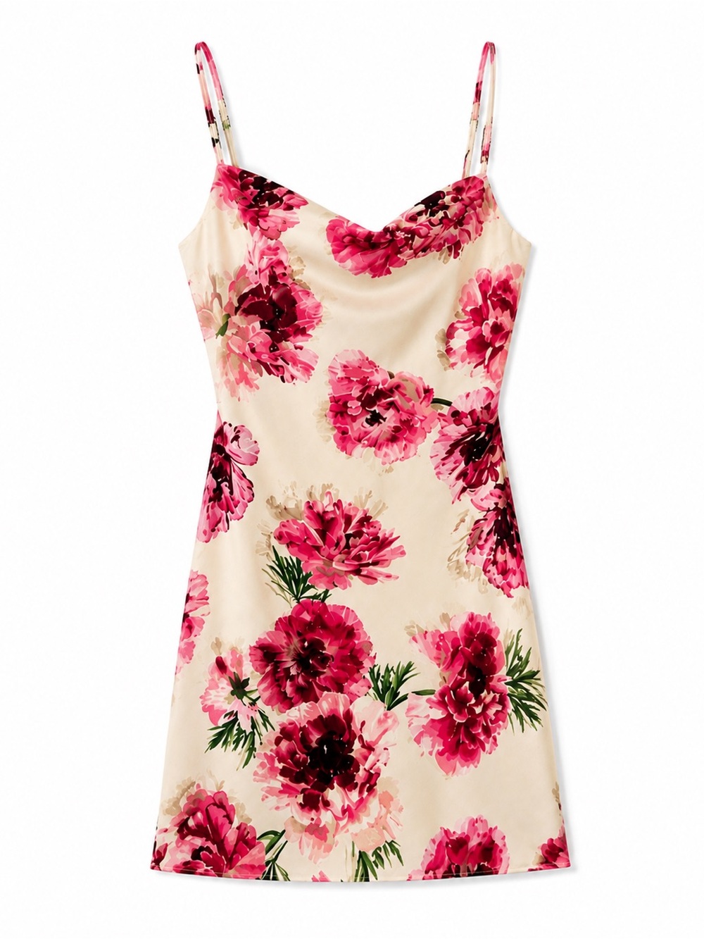 Express Floral Mini Slip Dress M Pink Cream Satin Look Cowl Neck Y2K Cottagecore